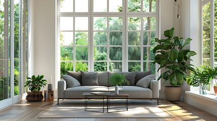 A sophisticated living room with a gray sofa, medium-range, white walls, large windows, wooden floor, indoor plant, elegant decor. High quality picture resolution 4K sharp focus and clear light ,