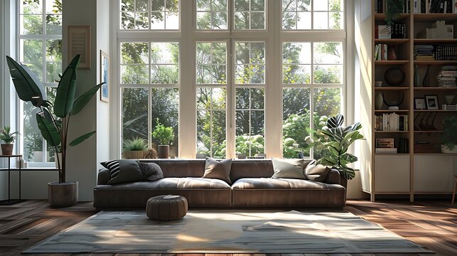 A chic living room featuring a dark brown sofa, medium-range, cream walls, large windows, wooden floor, indoor plant, trendy decor. High quality picture resolution 4K sharp focus and clear light ,