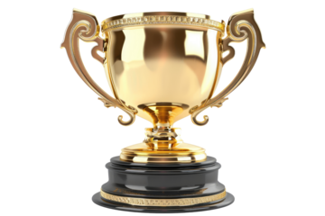 Winner golden trophy cup for sports cut out, isolated, transparent background - PNG. 