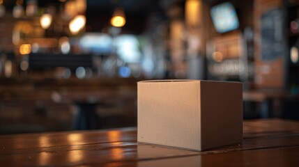 Cardboard Box on a Wooden Table in a Coffee Shop