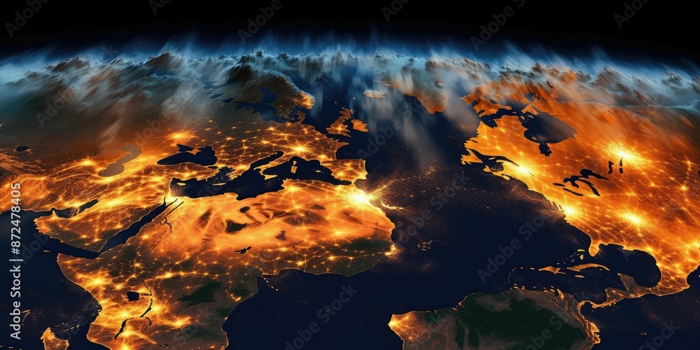 Poster 3d image of a textured earth with golden light patterns. an image of digital art of globe with glowi