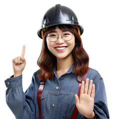 An engineer wearing glasses gives a stop signal and points on a transparent background PNG