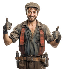 American mechanic gives a thumbs up show appreciation and smiles on a transparent background PNG