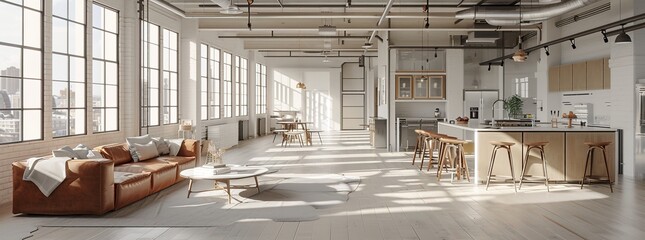 Fototapeta premium Modern industrial studio apartment with minimalist design and open-plan layout