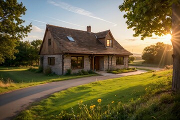 Fototapeta premium an old house surrounded by trees, with warm sunset light illuminating the rural landscape
