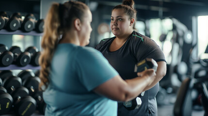 Naklejka premium Two women exercising with dumbbells in gym