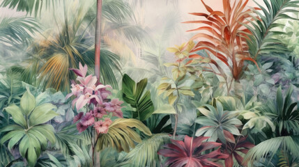 Tropical forest watercolor abstract art wallpaper design.