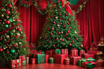 Christmas backdrop in festive ornaments and twinkling fairy lights