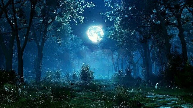 Moonlit Majesty: The Enchanting Luminance of the Forest at Night. Seamless looping time-lapse virtual 4k video animation background