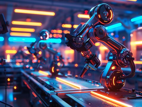 Industrial robots, holographic interface control, modern factory automation, neon lights