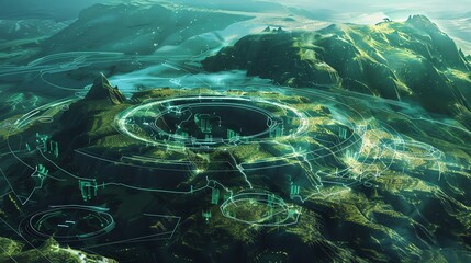 Aerial mapping, holographic landscape visualization, advanced tech, futuristic design