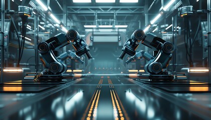 Obraz premium Industrial robots, holographic operational control, modern factory, sleek automation