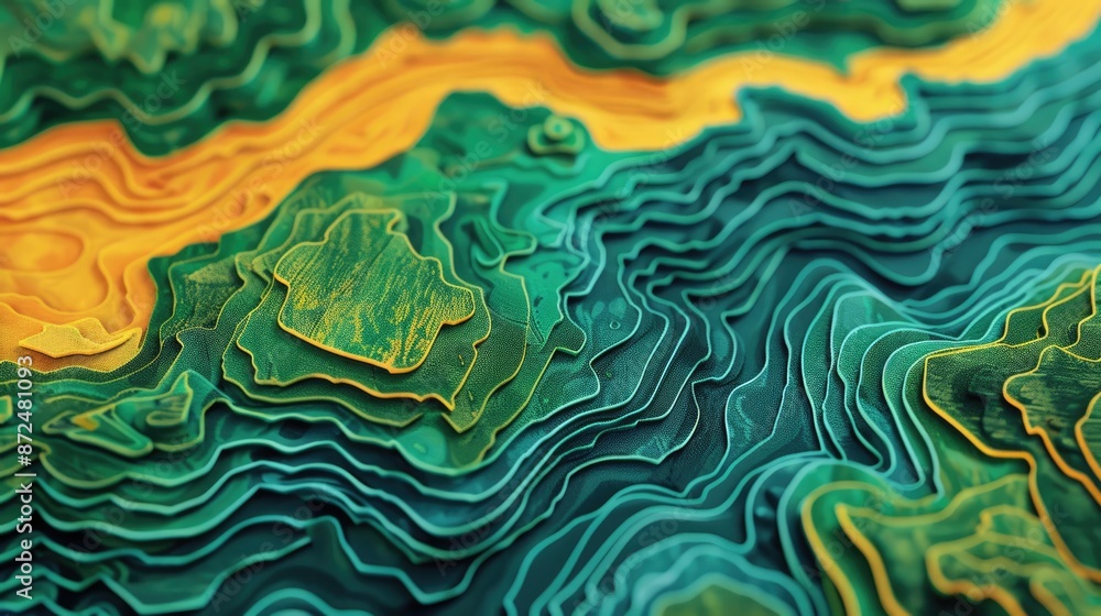Poster the design has layers in teal, green, and yellow with organic patterns and textures, creating a dyna