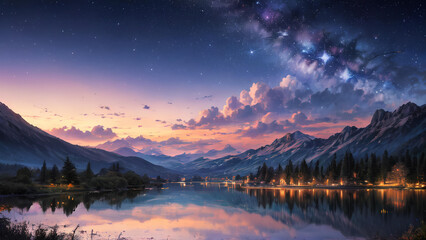 Beautiful Watercolor Mountains and Lakes Landscape