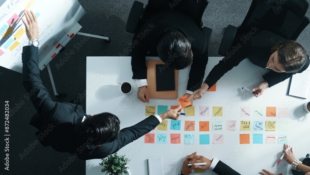 Aufkleber top down aerial view of business group sharing and brainstorming idea by using sticky notes at meeti
