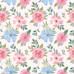 blue pink floral watercolor seamless pattern