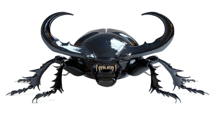 artoon stag beetle with a broad grin and playful mandibles. Its shiny black shell reflects light, PNG file transparent background
