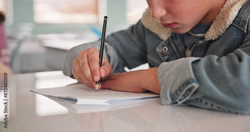Poster exam, hand and students in classroom with paper, learning and pencil for assessment in elementary sc