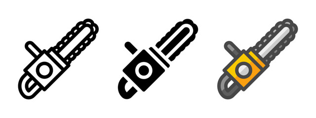 Multipurpose chainsaw vector icon in outline, glyph, filled outline style. Three icon style variants in one pack.