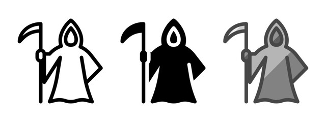 Multipurpose grim reaper vector icon in outline, glyph, filled outline style. Three icon style variants in one pack.