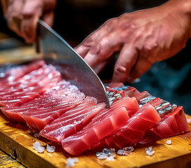 Close-up of a Chef Slicing Raw Tuna for Sushi