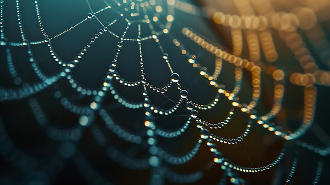 A spider web with many small beads of water on it