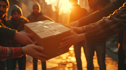 Group of diverse people hands reaching for a box in warm sunset light. Close up of diverse people hand helping to unboxing cardboard crate with sun set sky scape. Community and sharing concept. AIG53F