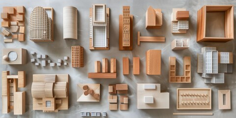 A collection of wooden models of buildings and structures