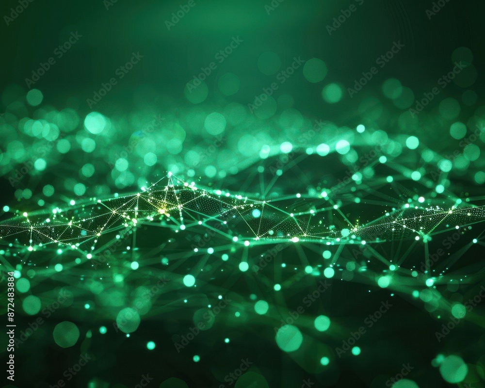 Poster abstract green digital network connection, futuristic technology background with glowing nodes and l