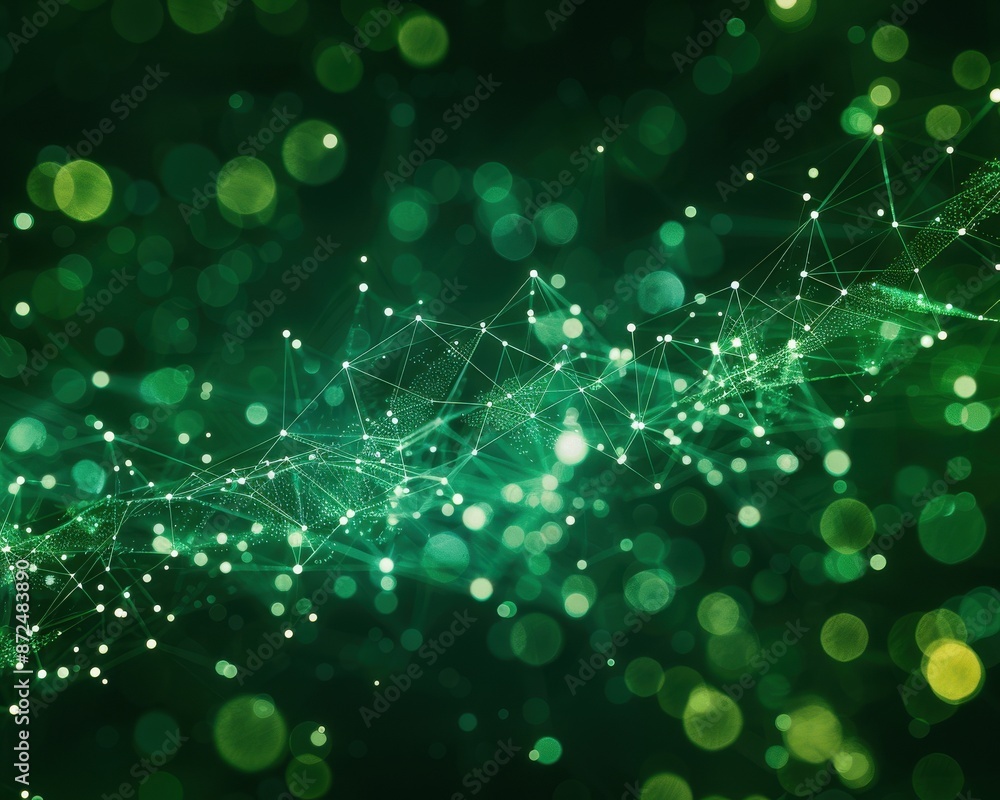Poster abstract green network connection background with glowing dots and lines, symbolizing technology, da