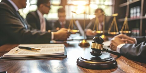 Obraz premium Lawyers and legal advisors conferring on case details in a conference room at a law firm
