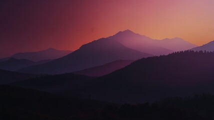 Obraz premium A series of mountain silhouettes against a gradient sunset sky, transitioning from purple to orange, which could be interesting due to the serene and layered natural landscape