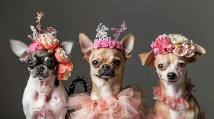 A Cute and Stylish Pet Portrait Featuring Trio of Small Dogs in Fancy Attire