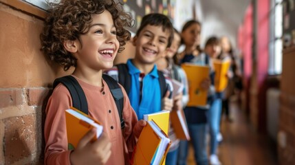 Happy Students with Backpacks and Notebooks, Smiling and Lined Up, Ready for Class, Highlighting Joyful Learning Environment