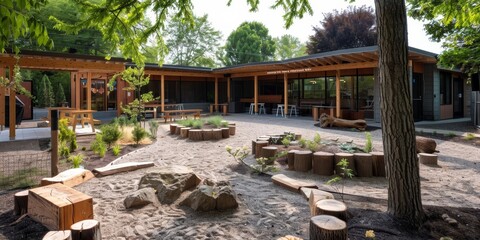 A serene outdoor classroom setting where students are learning about nature and the environment, blending education with the outdoors