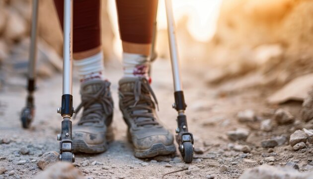 Close-up of hiker walking on rocky path with crutches, symbolizing perseverance and adventure in challenging terrain.