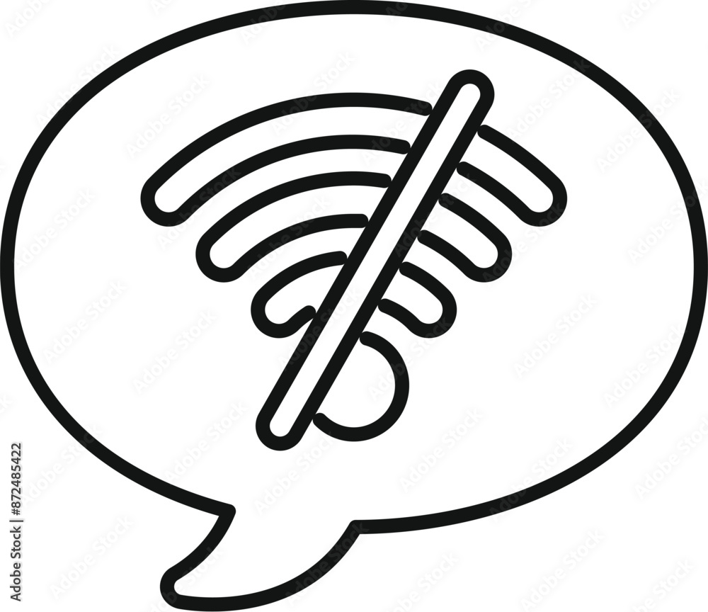 Poster simple line art icon of a speech bubble containing a wifi symbol with a diagonal line through it, in