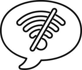 Simple line art icon of a speech bubble containing a wifi symbol with a diagonal line through it, indicating a lost internet connection