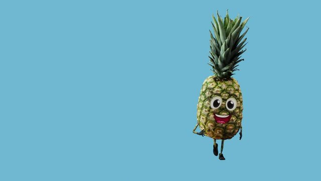 3D animation of a pineapple character running on a solid background. Perfect for digital projects, advertisements, educational content, and social media.