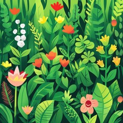 18. Spring garden, flowers and greenery, flat design illustration