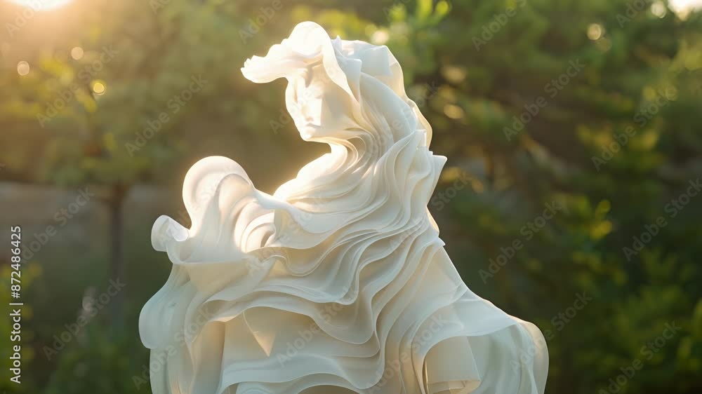 Poster soft flowy fabric cascades down the sides of the sculptures bringing movement and texture to the oth