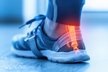 Close-up of a person wearing a running shoe with a highlighted ankle joint, indicating potential injury or strain.