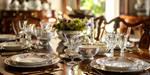 An elegant dining room set for a formal dinner party, with fine china and decorative tableware