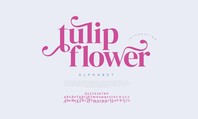 Tulipflower premium luxury elegant alphabet letters and numbers. Vintage wedding typography classic serif font decorative vintage retro. creative vector illustration