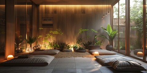 A serene meditation room with floor cushions and soft lighting, providing a peaceful space for reflection