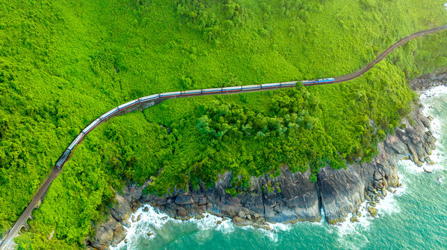 Aerial view of train and railway on Hai Van pass, Bach Ma mountain, Hue, Vietnam