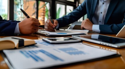 Two professional executives discussing financial accounting papers working together in office. business man manager consulting to client at meeting.