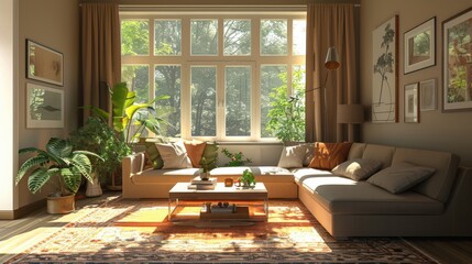 A living room with a couch, coffee table, and potted plants