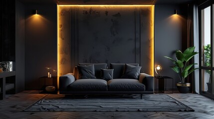 A black room with a black couch and a black plant