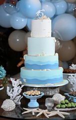 party room, birthday cake,table decoration, reception table, cake and sweet table, theme party, birthday party, cake with sea shells, maritime theme, 15th birthday party, 
a lot of balloons 
